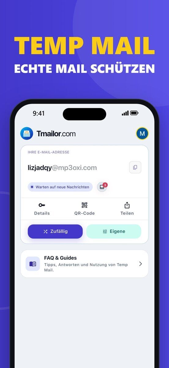 iPhone mit dem iOS-Startbildschirm von Tmailor einer Wegwerf-E-Mail-Adresse dem Statuslabel Warte auf neue Nachrichten und den Schaltflächen Details QR-Code Teilen Zufällig und Eigene