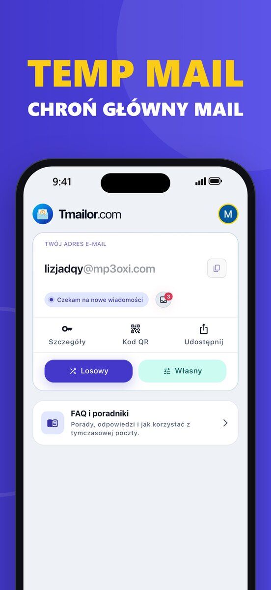 iPhone z ekranem głównym Tmailor na iOS jednorazowym adresem e-mail statusem Oczekiwanie na nowe wiadomości oraz przyciskami Szczegóły Kod QR Udostępnij Losowy i Własny