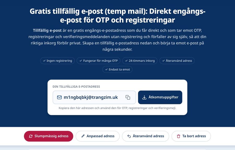 Tmailors startsida genererar en slumpmässig förbrukningsbar tillfällig e-postadress som du kan kopiera till Discords registreringsformulär för att verifiera ett nytt konto utan att använda din personliga inkorg