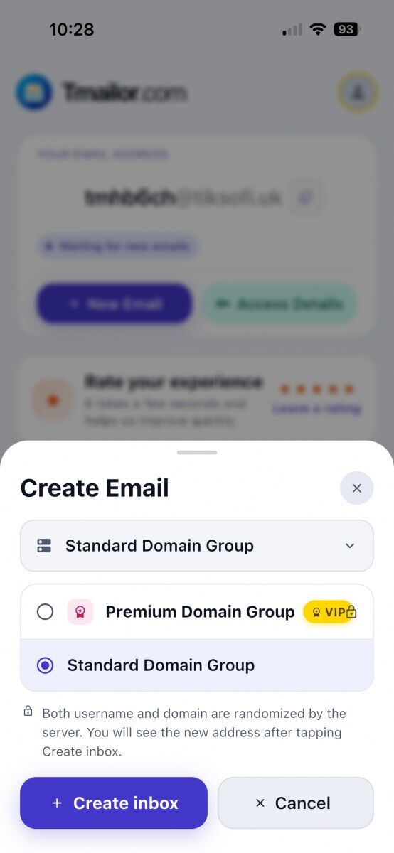 New Email and the app asks which domain pool you want before it spins up the address