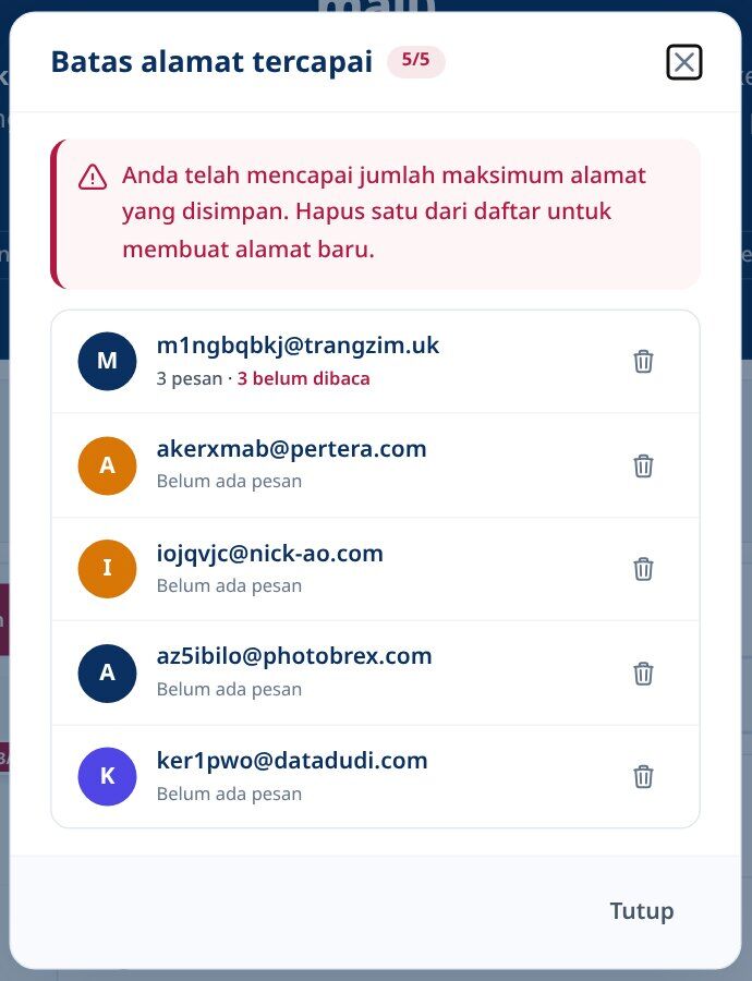 Batas Alamat Tmailor tercapai mencantumkan alamat sekali pakai yang disimpan masing-masing dengan tombol hapus