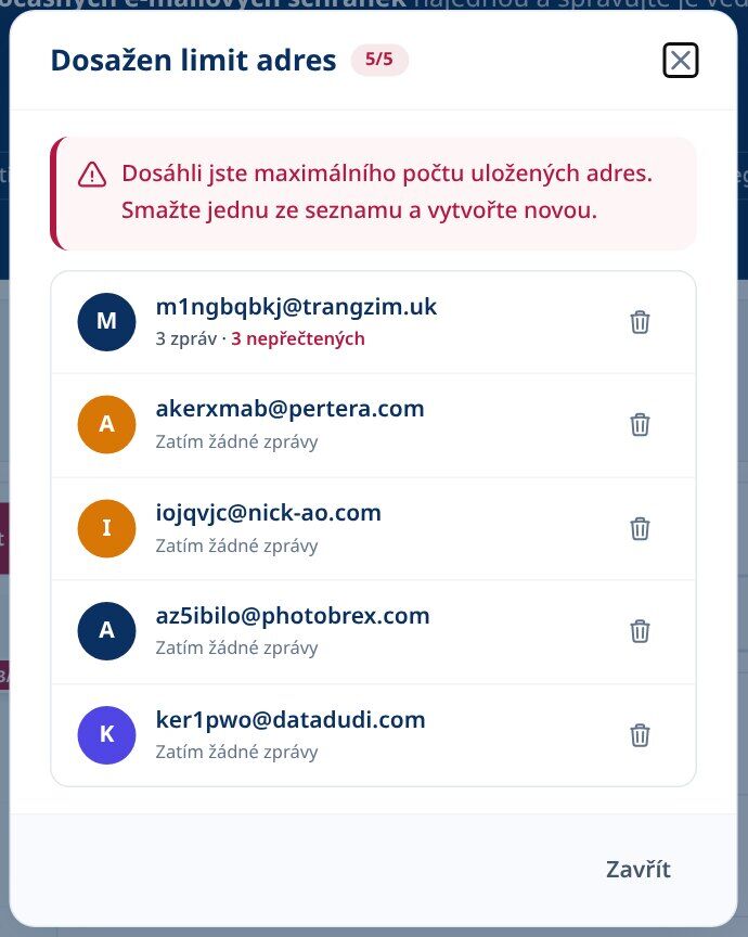 Dialog Limit adresy Tmailor Reach Over Zobrazuje uložené jednorázové adresy každou s tlačítkem pro smazání