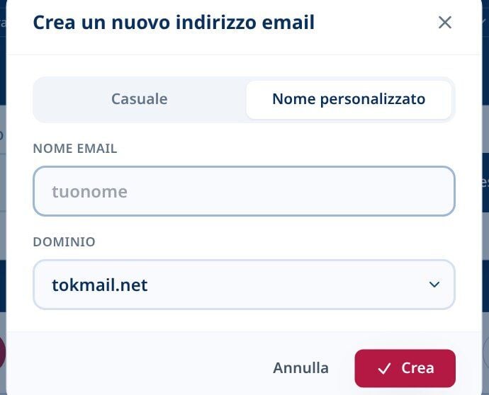 Tmailor Crea una nuova finestra di dialogo per indirizzo email nella scheda Nome personalizzato con un campo Nome Email e un menu a tendina Dominio