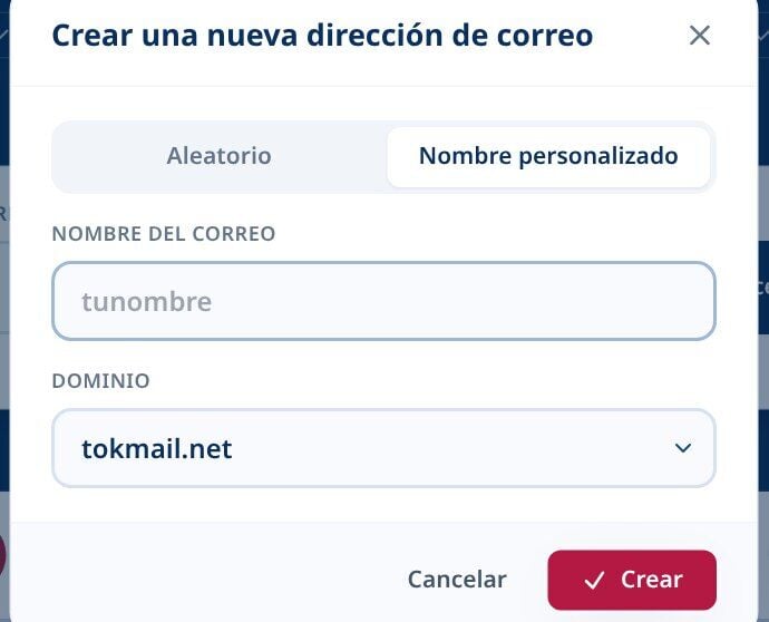 Tmailor Crea un nuevo diálogo de dirección de correo electrónico en la pestaña Nombre personalizado con un campo de nombre de correo electrónico y un desplegable de Dominio