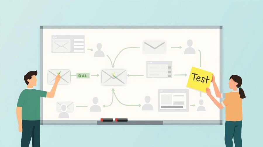 Ipinapakita ng isang whiteboard ang bawat onboarding email touchpoint bilang isang flowchart mula sa pag-sign up hanggang sa pagtanggap paglilibot sa produkto at mga alerto sa seguridad habang ang isang tester ay nagmamarka kung alin ang na-verify