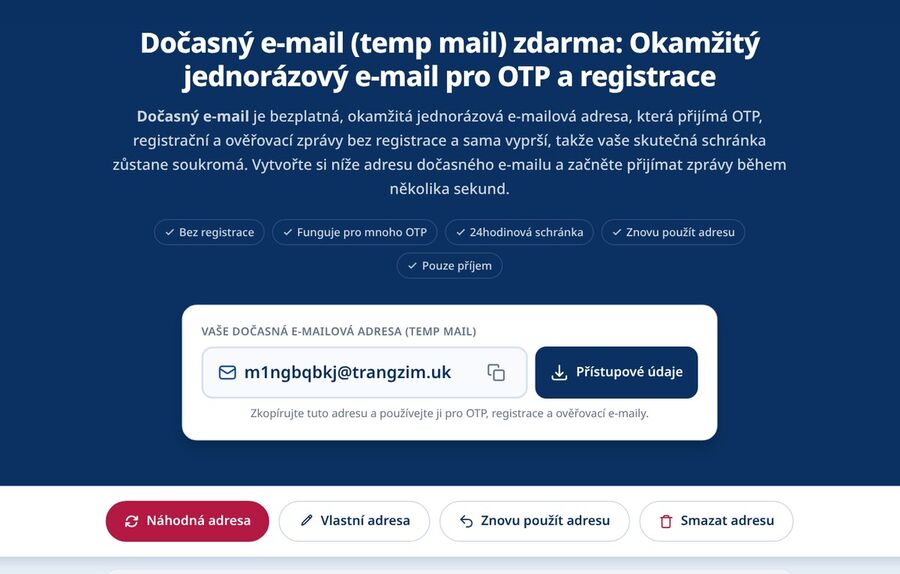 Domovská stránka Tmailoru generuje náhodnou jednorázovou e-mailovou adresu připravenou k zkopírování do registračního formuláře LinkedIn takže potvrzovací e-mail skončí mimo osobní schránku