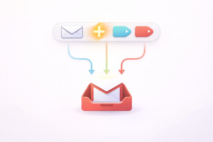 Email address with highlighted plus symbol showing three alias variations all funneling into one single inbox
