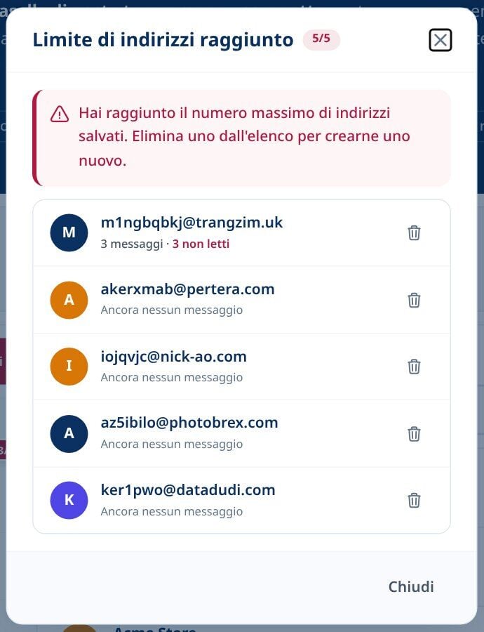 Limite di indirizzo Tmailor raggiunto con la finestra di dialogo che elenca gli indirizzi usa e getta salvati ciascuno con un pulsante di cancella