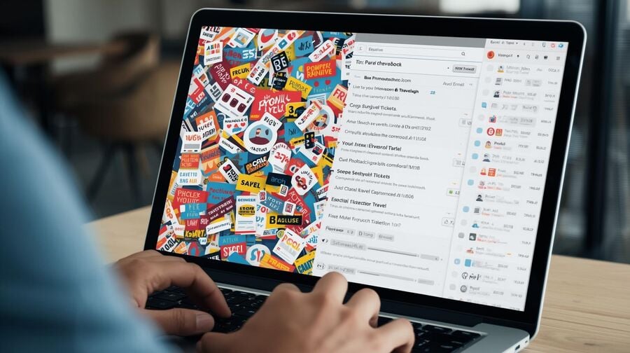 A traveler checking a split email inbox on a laptop with chaotic travel promo messages on one side and a clean list of tickets and confirmations on the other showing how temporary email filters noisy travel deals