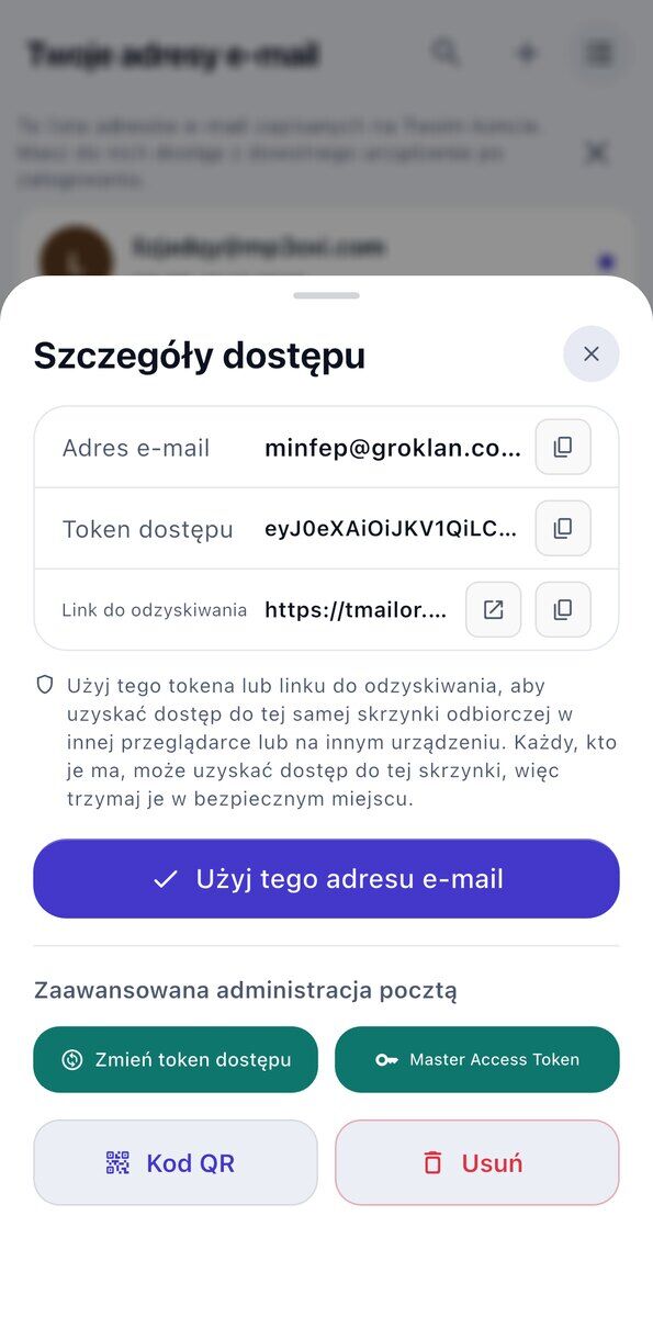 Panel Szczegóły dostępu na iOS z adresem e-mail tokenem dostępu linkiem odzyskiwania przypomnieniem by je bezpiecznie przechować i przyciskiem Użyj tego adresu e-mail
