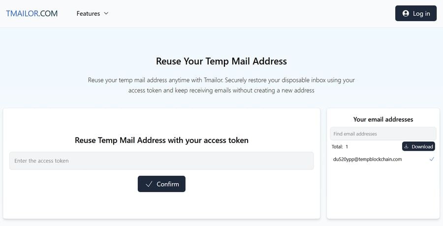 Token-based temporary email address reuse feature on Tmailorcom