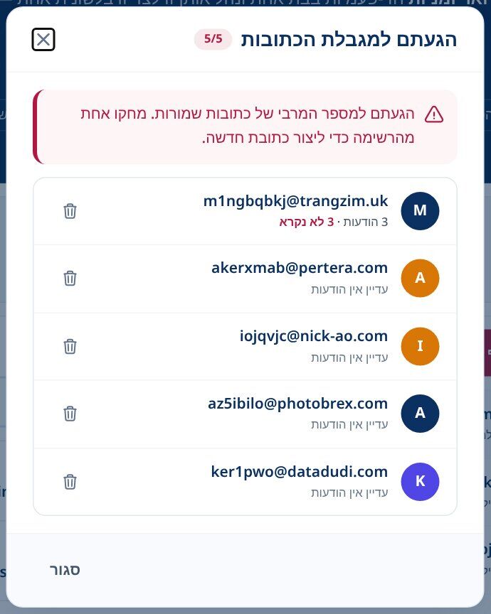 מגבלת כתובת Tmailor שהגיעה לרשימת כתובות חד-פעמיות שמורות כל אחת עם כפתור מחיקה