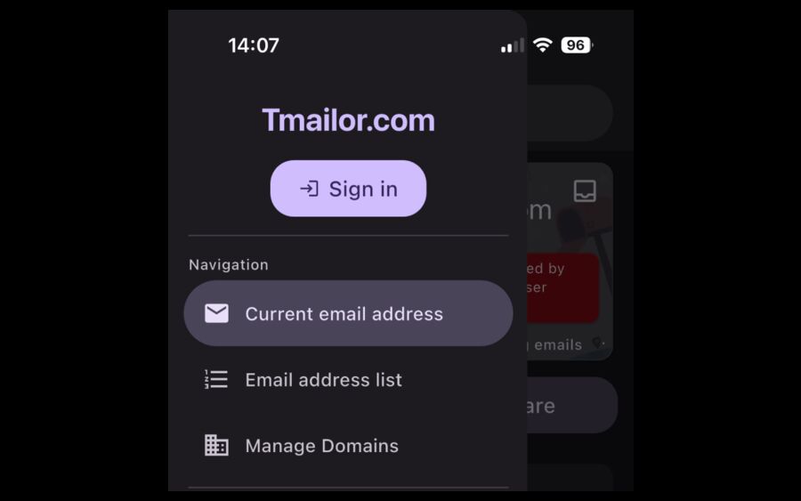 Tmailor sign-in screen on mobile with email Apple and Google login options before setting up a private custom domain