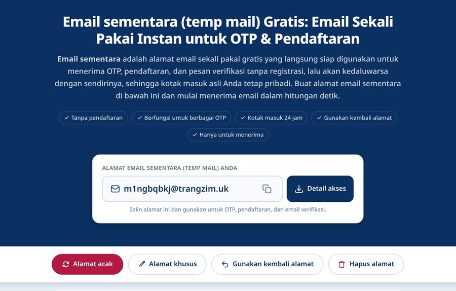 Beranda Tmailor dengan alamat email sekali pakai yang dibuat otomatis dan siap disalin dengan tombol Detail akses di sampingnya serta tombol Alamat acak Alamat khusus Gunakan kembali alamat dan Hapus alamat di bawahnya