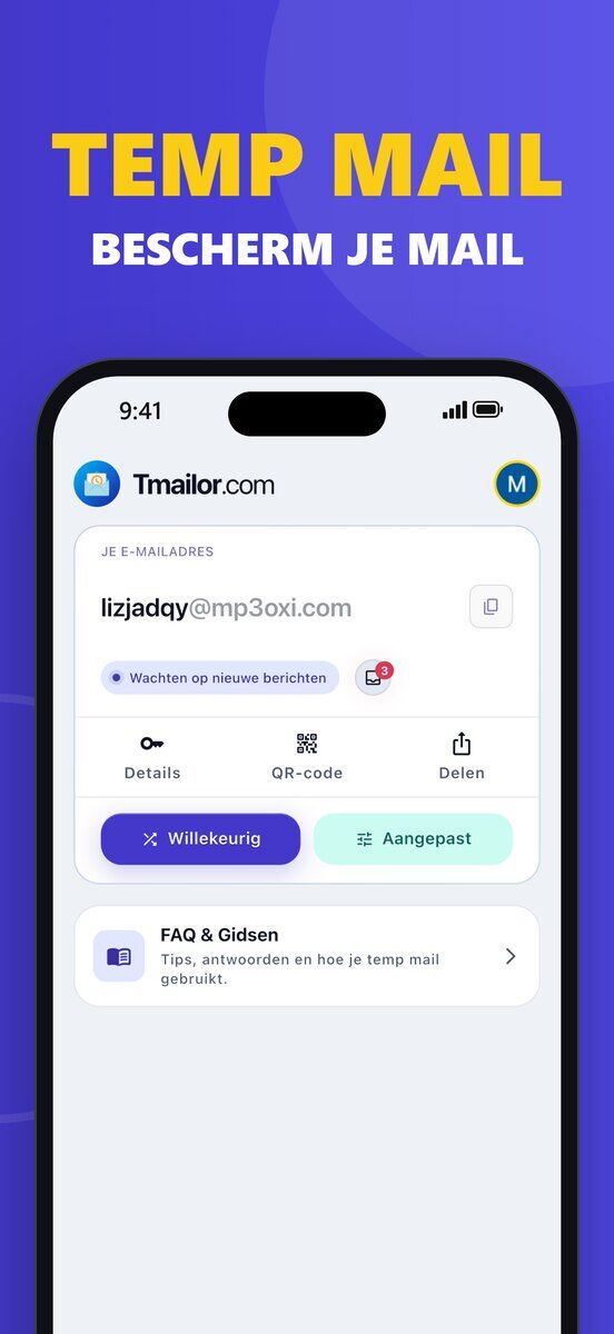 iPhone met het startscherm van de Tmailor-app voor iOS met een wegwerp-e-mailadres een statuslabel Wachten op nieuwe berichten en de knoppen Details QR-code Delen Willekeurig en Aangepast