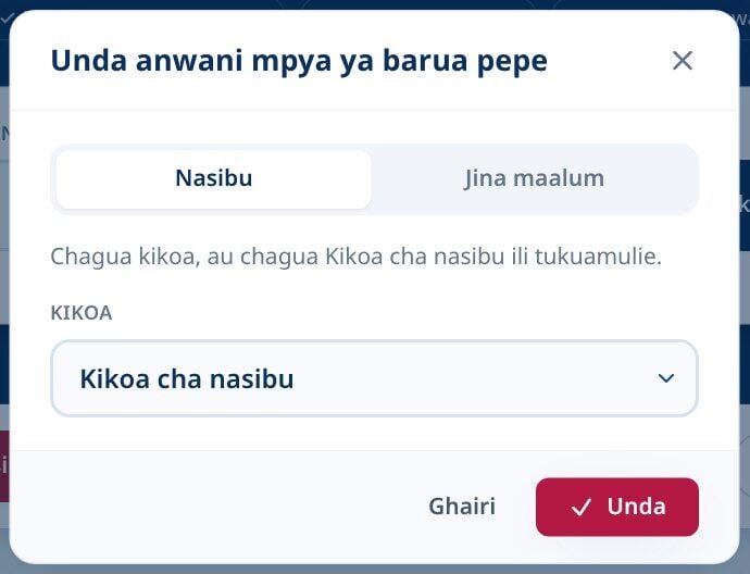 Tmailor Unda mazungumzo mapya ya anwani ya barua pepe na kichupo cha Nasibu kilichochaguliwa na menyu kunjuzi ya kikoa cha Nasibu