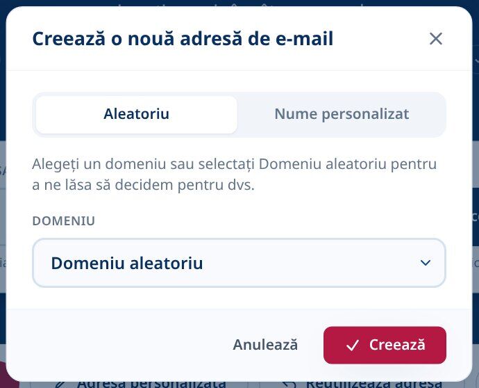 Tmailor Creează un dialog cu adresă de email nouă cu fila Random selectată și opțiunea Random domain