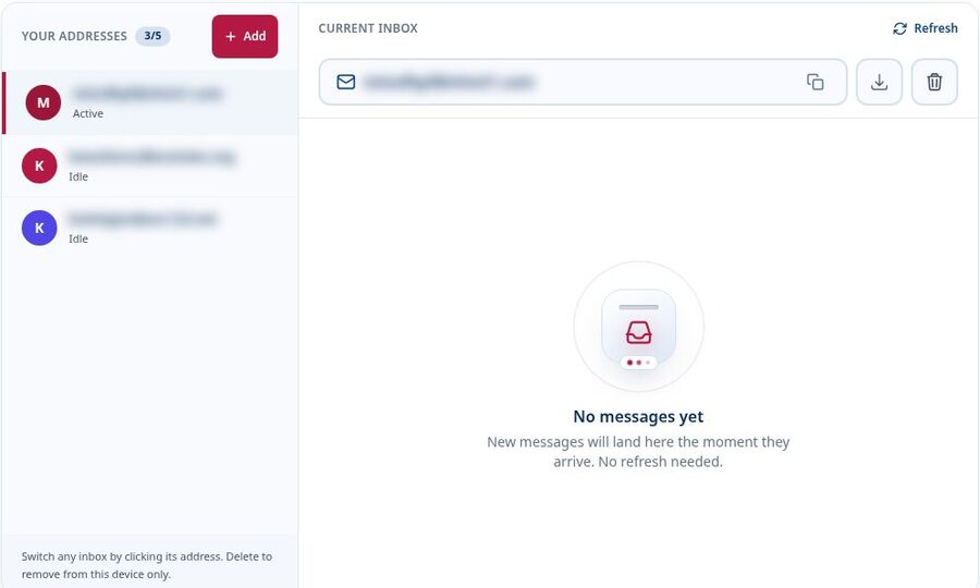 Tmailor multiple inboxes view with three test addresses in the sidebar one marked active and an empty current inbox waiting for messages