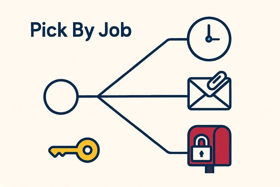 A decision fan branching from one starting point to four outcomes a short-lived inbox a reusable address a mailbox that accepts files and a permanent locked mailbox