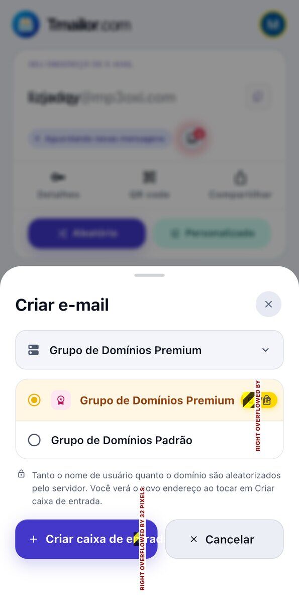 A folha Criar e-mail no iOS listando o Grupo de domínios Premium atrás de um selo VIP e um cadeado e o Grupo de domínios padrão