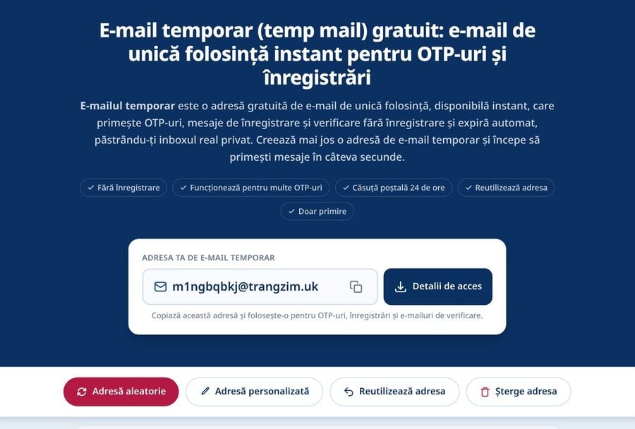 Pagina principală Tmailor generează o adresă de email de unică folosință aleatorie gata de copiat în formularul de înscriere LinkedIn astfel încât emailul de confirmare să ajungă în afara inboxului personal