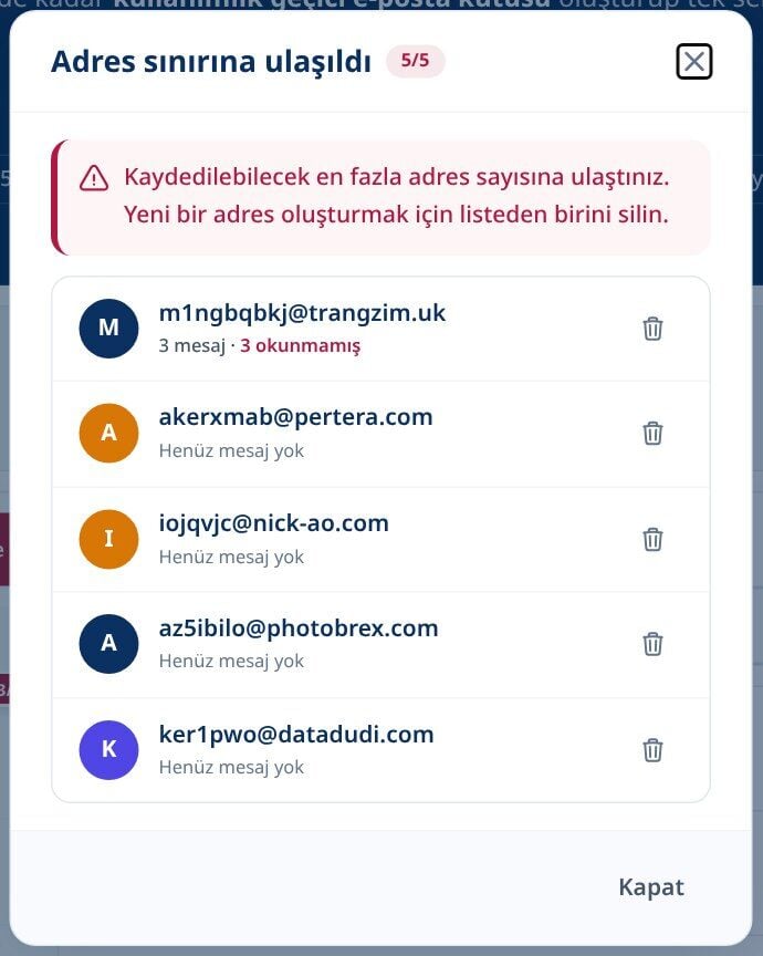 Tmailor Adresi sınırı her birinde silme butonu bulunan beş kaydedilmiş tek kullanımlık adres listelenen diyaloga ulaştı
