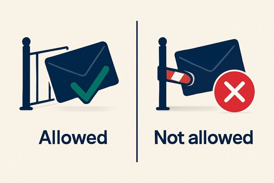 Two lanes labeled Allowed and Not allowed an email passing an open gate with a green check versus an email stopped by a red barrier with a red X