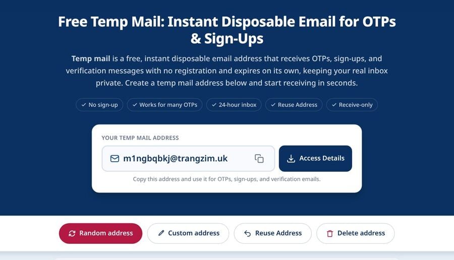 Tmailor homepage showing an automatically generated temporary address with a copy icon an Access Details button and the Random address Custom address Reuse Address and Delete address buttons
