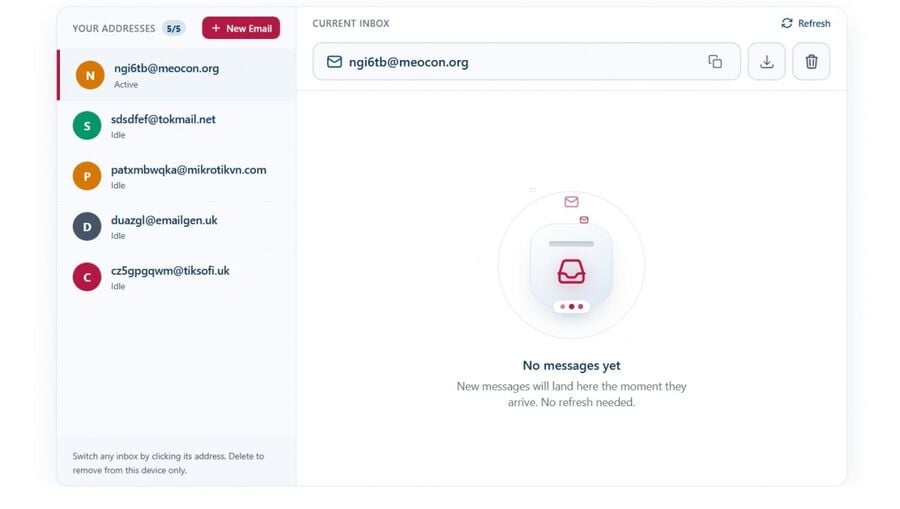 Tmailor dashboard with several disposable inboxes in the Your Addresses sidebar and one active inbox open on the right