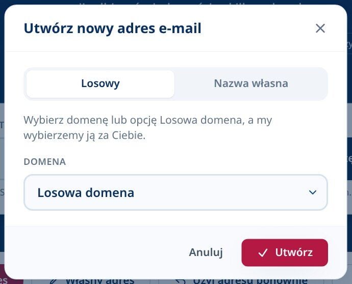 Tmailor Utworzenie nowego dialogu adresowego e-mail z wybraną zakładką Losowy i rozwijanym menu domeny losowej