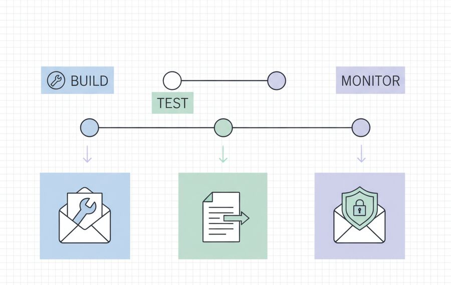 Diagram na nagpapakita ng ibat ibang mga disposable inbox na may label para sa pag-sign-up OTP at mga abiso lahat ay konektado nang maayos sa isang sentral na pipeline ng CI CD na nagpapahiwatig ng istraktura at paghihiwalay ng mga alalahanin
