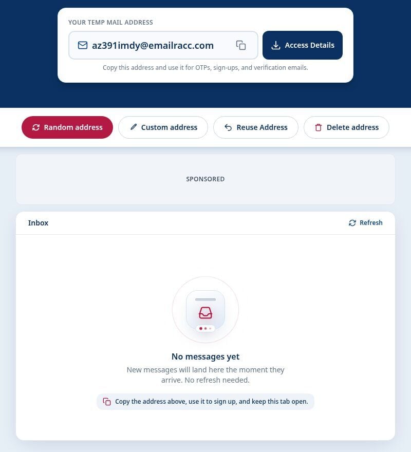 Tmailor temporary email address card and empty inbox before requesting an X confirmation email