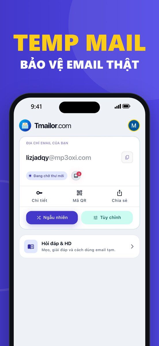 iPhone hiển thị màn hình chính Tmailor trên iOS với địa chỉ email dùng một lần nhãn trạng thái Đang chờ thư mới và các nút Chi tiết Mã QR Chia sẻ Ngẫu nhiên và Tùy chỉnh