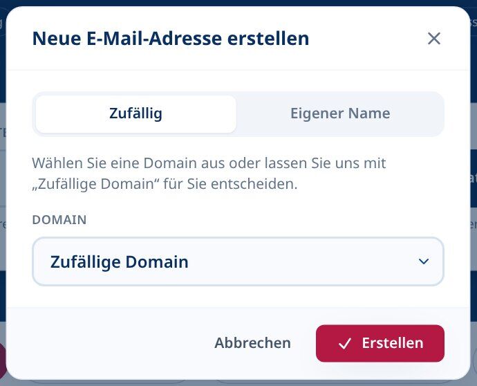 Tmailor erstelle einen neuen E-Mail-Adress-Dialog mit dem Reiter Zufällig und einem Dropdown-Menü Zufällige Domain
