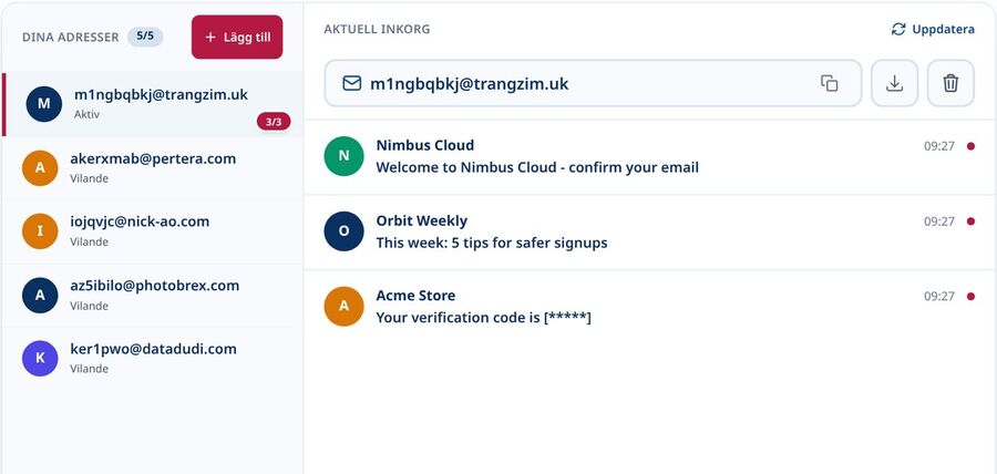 Tmailor multipel tillfällig mail-dashboard med fem engångsinkorgar i sidofältet och den aktiva inkorgen öppen till höger