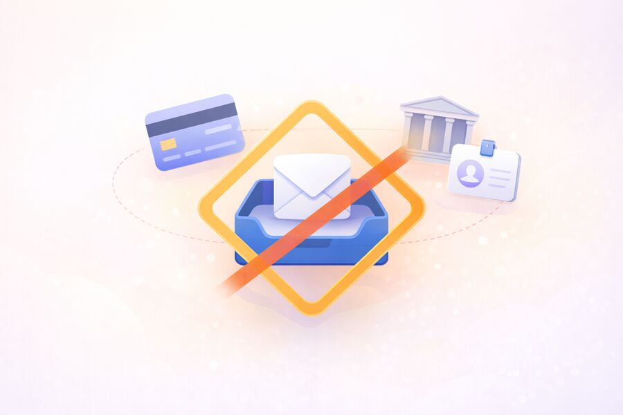 Vektor bertema peringatan yang menunjukkan kotak masuk sekali pakai di sebelah ikon untuk perbankan dan identitas dengan isyarat visual
