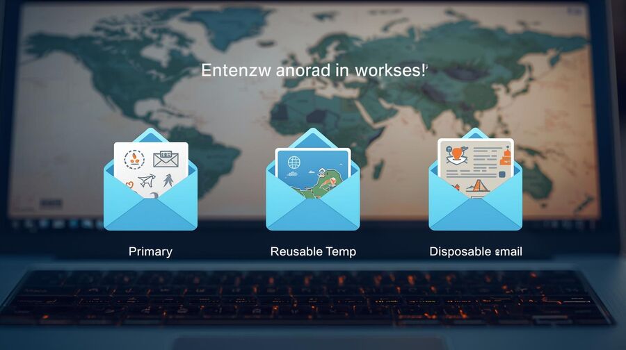 Digital nomad workspace with a world map backdrop and three layered inbox icons for primary reusable temp and disposable email each holding different travel messages representing a structured email system that supports long-term travel