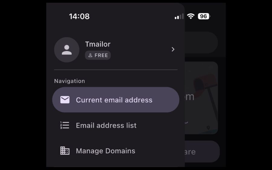 Signed-in Tmailor account screen on mobile confirming the user is ready to continue with custom domain temp mail setup