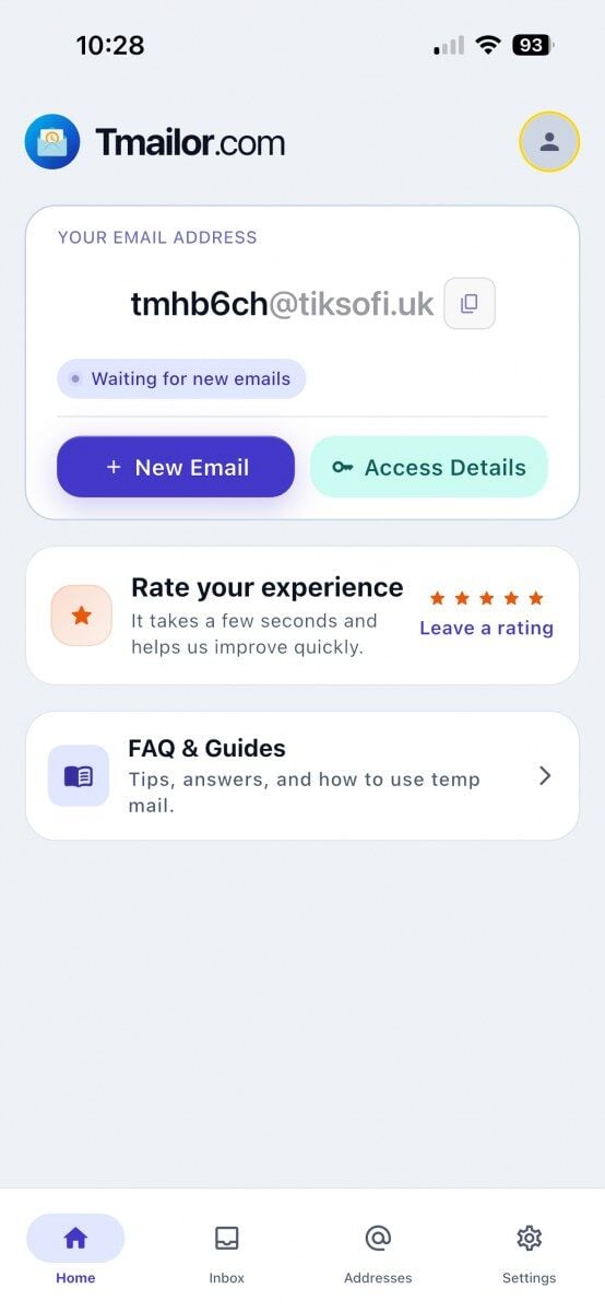 iPhone showing the Tmailor home screen with a disposable email address New Email and Access Details buttons