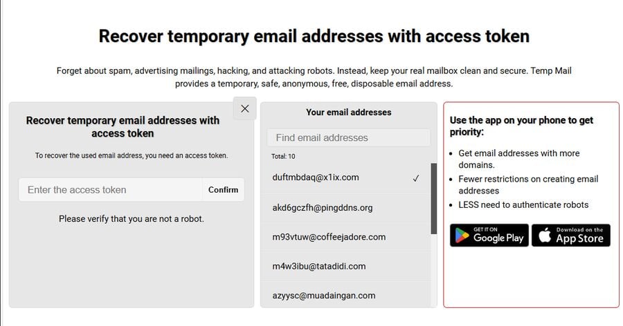 Interface for entering a temporary email address recovery token
