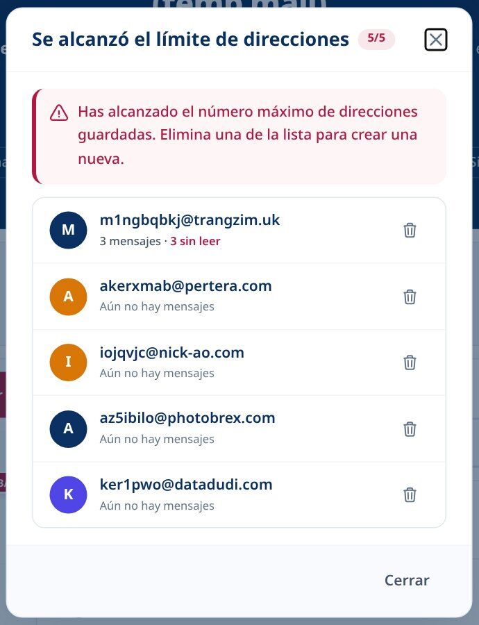 Límite de dirección de Tmailor alcanzado en un diálogo que lista direcciones desechables guardadas cada una con un botón de eliminar