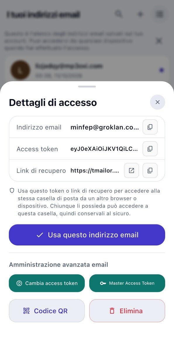 Il pannello Dettagli di accesso su iOS con lindirizzo email il Token di accesso il Link di recupero un avviso a conservarli al sicuro e il pulsante Usa questo indirizzo email