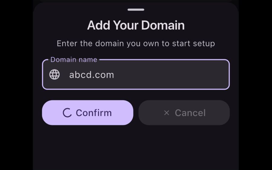 Custom domain list inside Tmailor after a new private domain has been added and is waiting for DNS verification