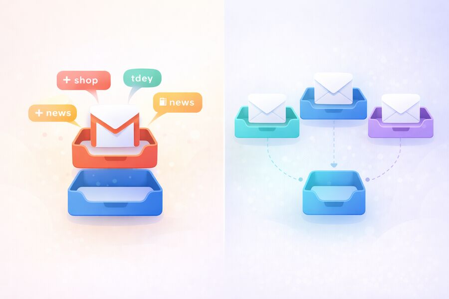 Single email envelope overwhelmed by dozens of incoming notification newsletter and promotional icons from all directions
