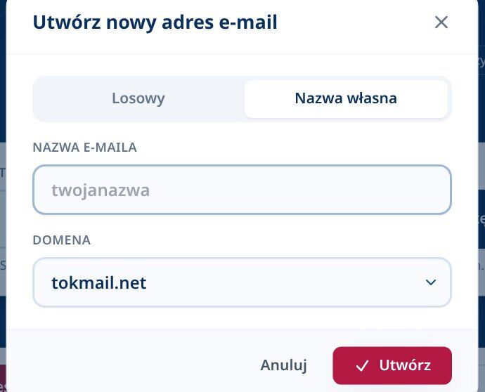 Tmailor Utwórz okno dialogowe z nowym adresem e-mail na zakładce Custom name z polem Nazwa e-maila i rozwijanym menu Domena