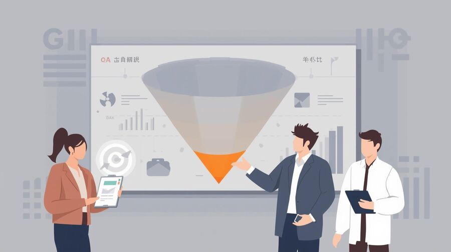 Ang mga pinuno ng produkto at QA ay nakatayo sa harap ng isang funnel diagram na nagpapakita ng bawat hakbang ng pag-sign up at onboarding na may mga sukatan tulad ng rate ng pagkumpleto at oras sa unang halaga na naka-highlight para sa talakayan