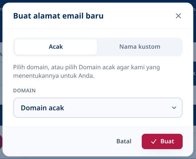 Tmailor Buat dialog alamat email baru dengan tab Acak dipilih dan dropdown Domain acak