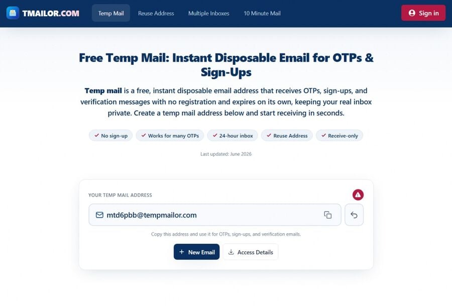 Tmailorのホームページは個人の受信箱を使わずに新しいアカウントを確認できるランダムな使い捨ての一時メールアドレスを自動生成しFacebookのサインアップフォームにコピーペーストして新しいアカウントを確認できます