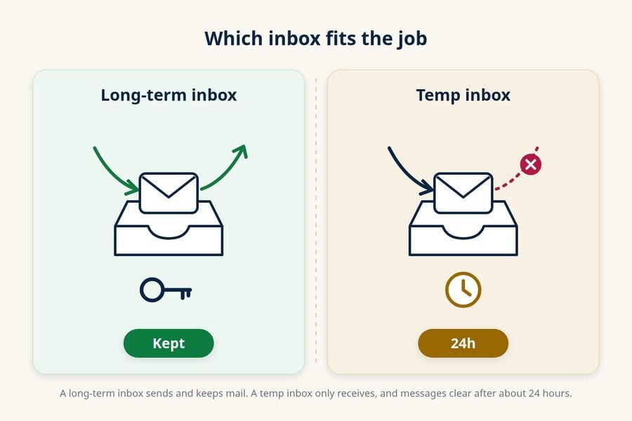 Comparison of a long-term inbox that sends and keeps mail with a temp inbox that only receives mail and clears messages after about 24 hours