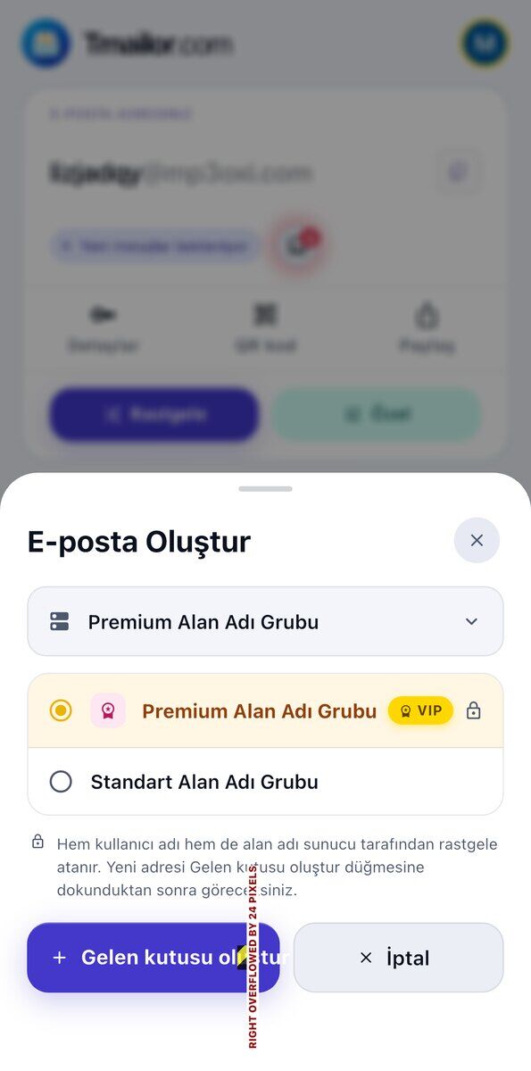 iOStaki E-posta Oluştur sayfası VIP rozeti ve kilit arkasındaki Premium Alan Adı Grubu ile Standart Alan Adı Grubu listeleniyor